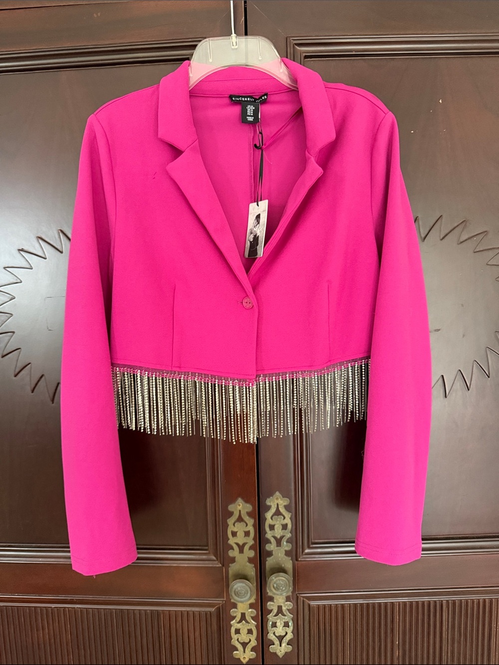 NWT SINCERELY JULES Hot Pink Cropped Blazer w Rhinestone Fringe w FLAWS Size M